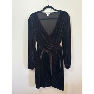 Nine West Velvet Dress Women's 0X Black Wrap Long Sleeve Sparkle Party